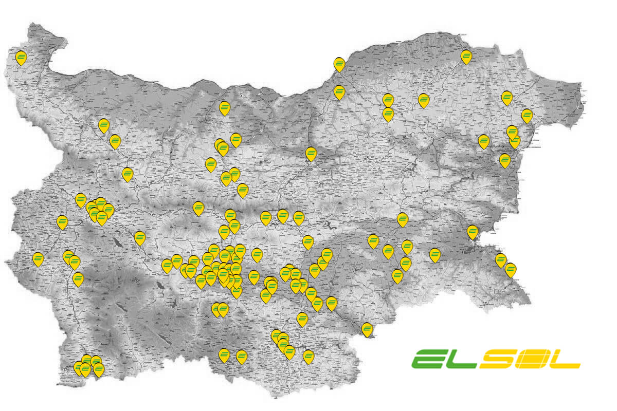 Карта с инсталирани от Елсол ООД фотоволтаични системи